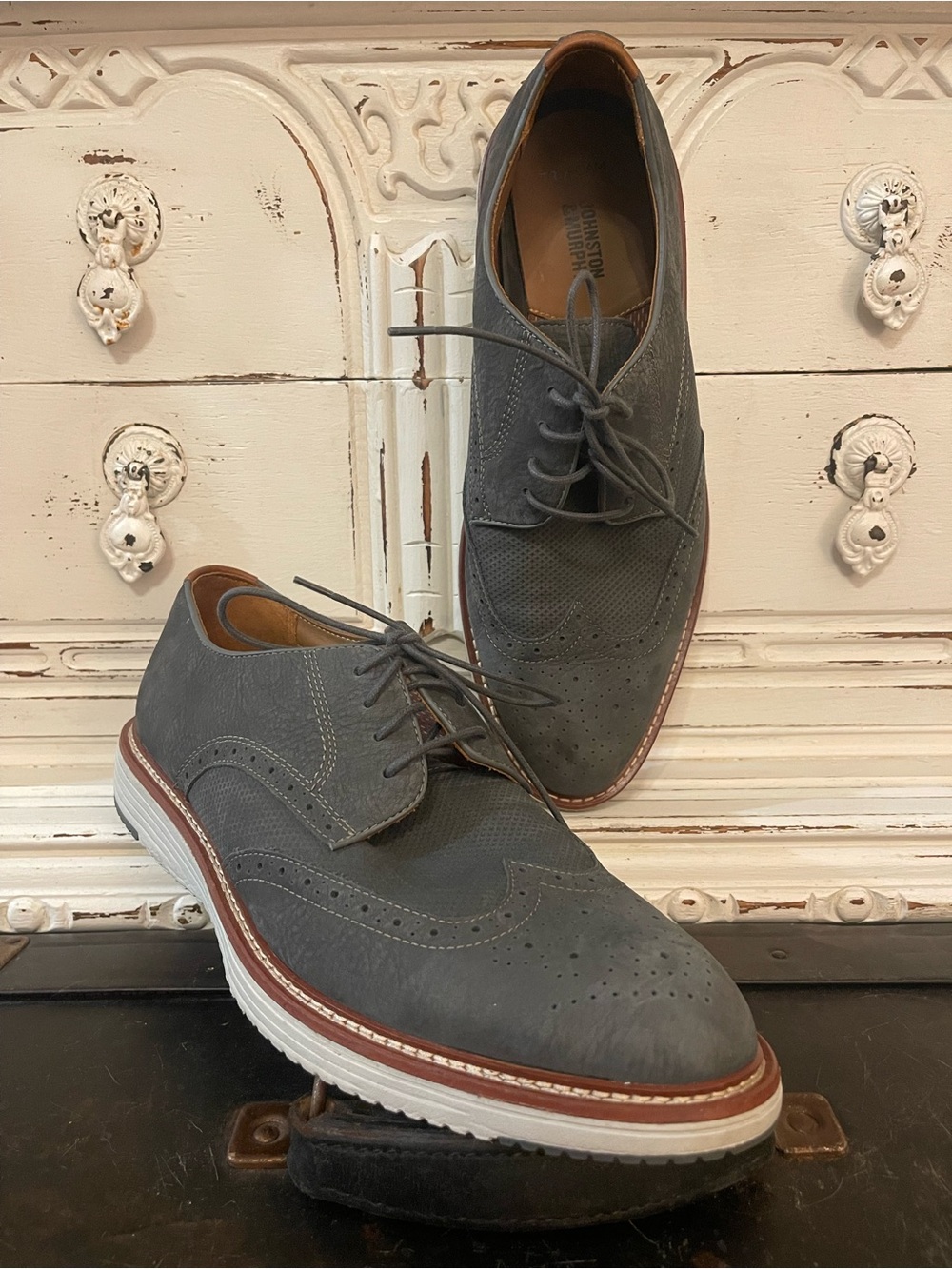 Johnston & Murphy Gray Suede Wingtip Derbys with White Sole